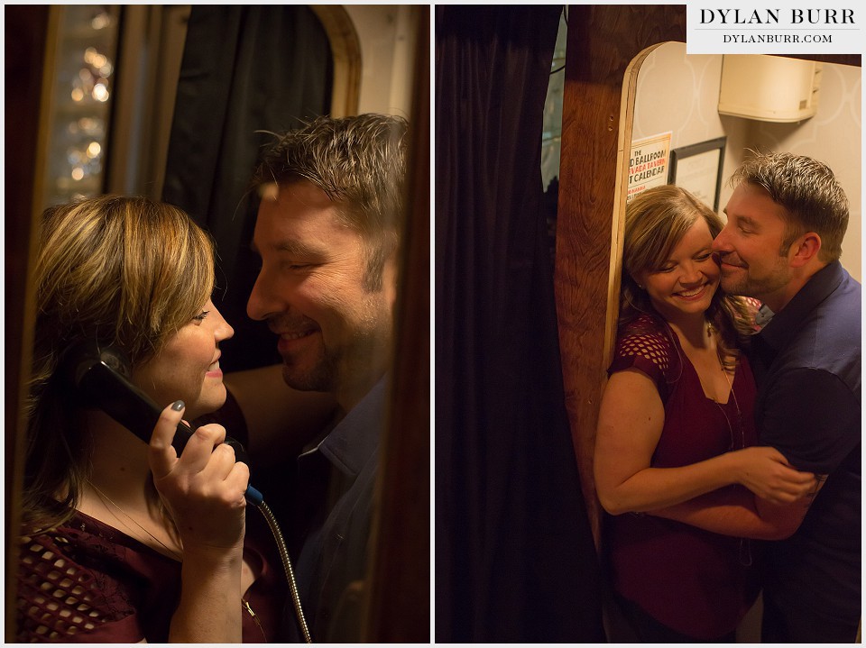 arvada olde town engagement kissing in a phone booth