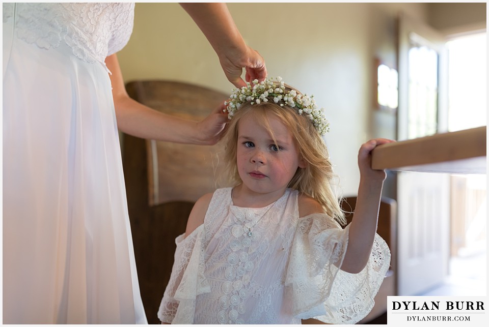 boho backyard colorado wedding little girl with flower crown