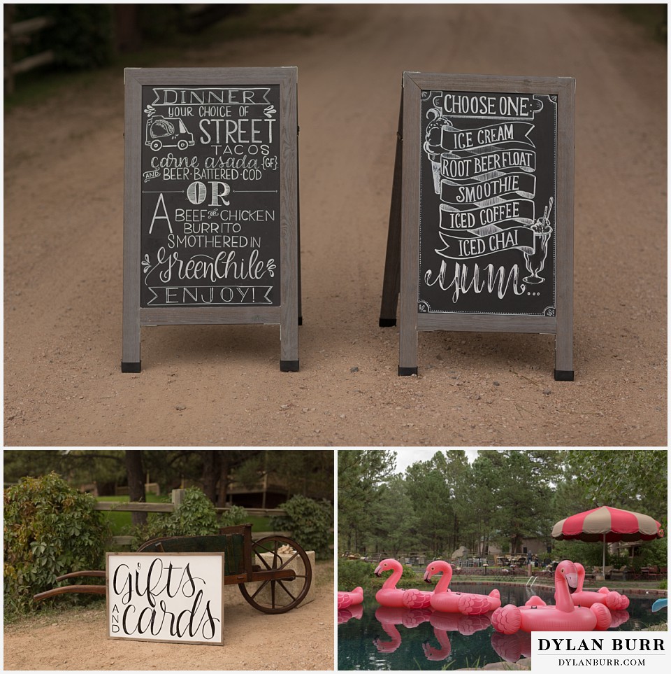 boho backyard colorado wedding chalkboard signs for food menu and ice cream