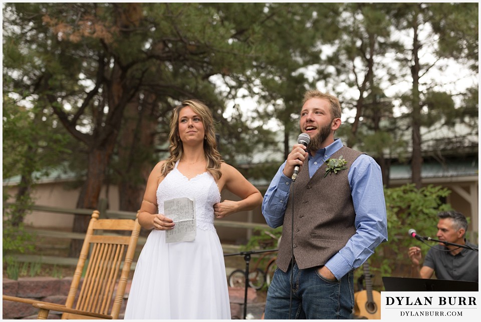 boho backyard colorado wedding bride and groom announcing