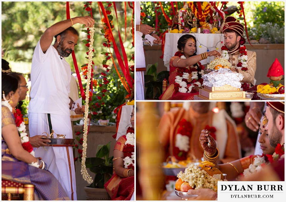 cielo at castle pines wedding colorado mountain wedding bride and groom during hindu ceremony under mandap