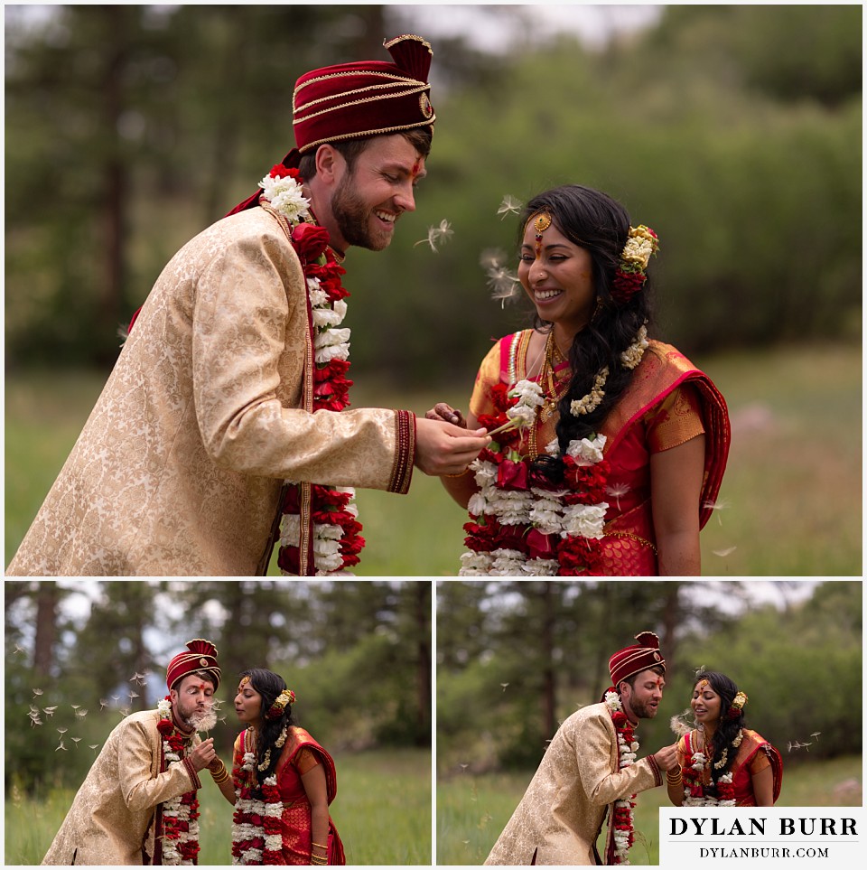 cielo at castle pines wedding colorado mountain wedding hindu wedding bride and groom laughing blowing seeds in air