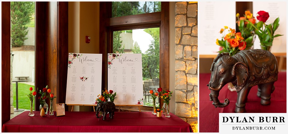 cielo at castle pines wedding colorado mountain wedding table seating chart and elephant statue