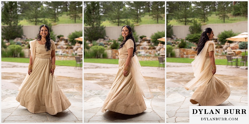 cielo at castle pines wedding colorado mountain wedding hindu bride dancing and twirling dress