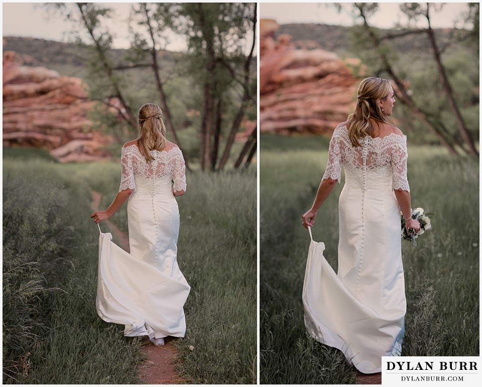 colorado bridal portrait session red rocks walking with bouquet
