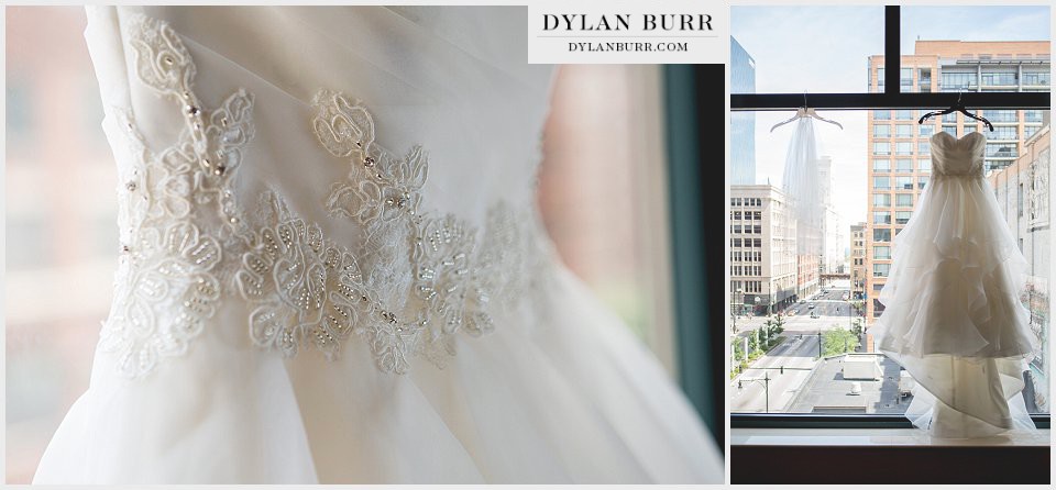 destination chicago wedding dress in window blake hotel