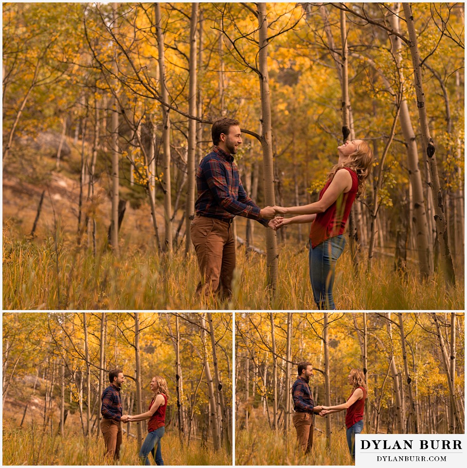 fall engagement photos in colorado couple laughing together in aspen trees