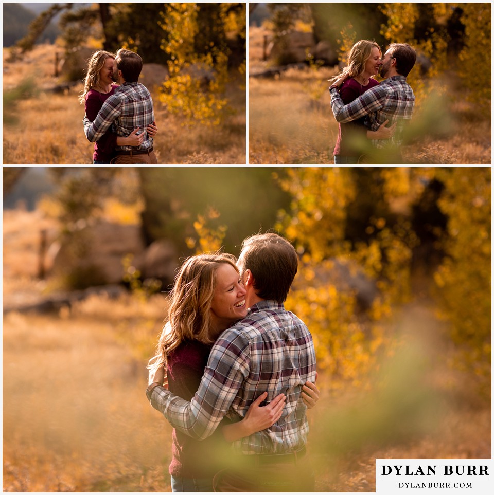 fall engagement photos in colorado couple in mountain valley having goofy kisses