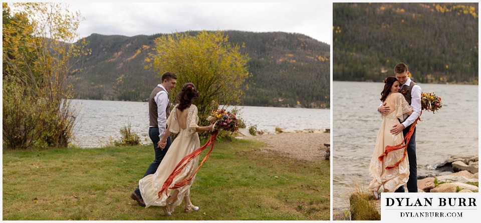 grand lake wedding elopement bride and groom standing near lake shore 