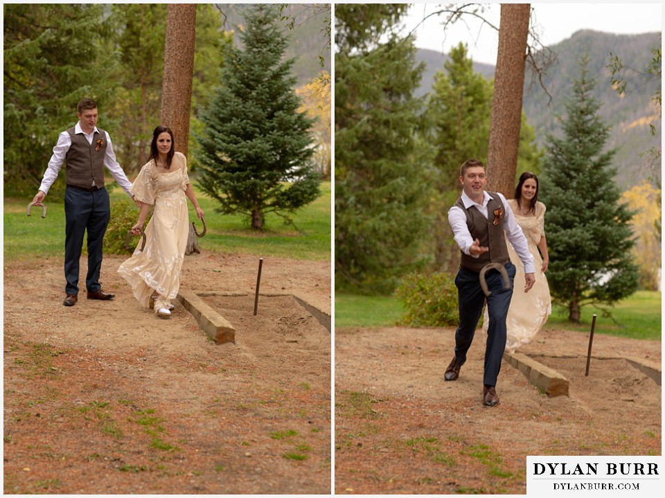 grand lake wedding elopement bride and groom playing horseshoes
