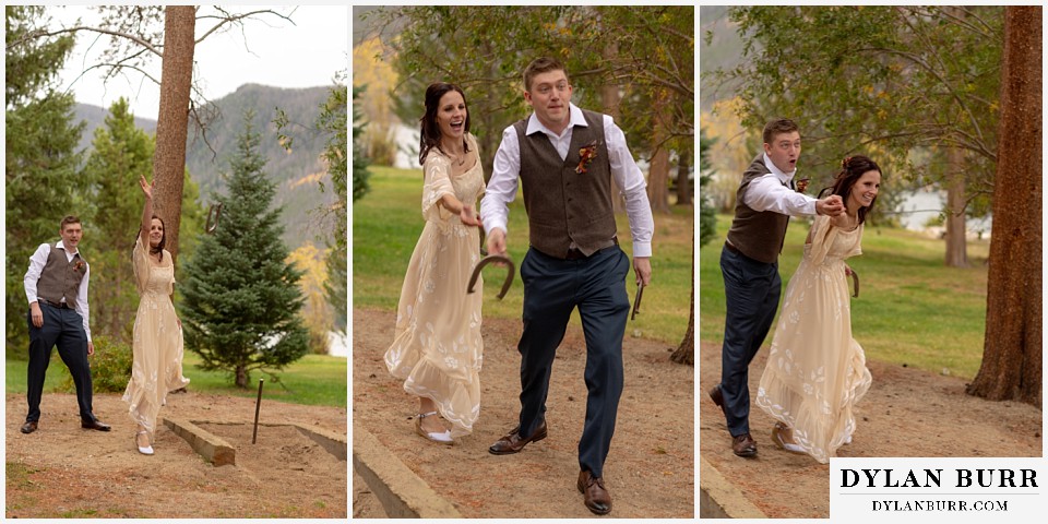 grand lake wedding elopement bride and groom playing horsehoes and laughing