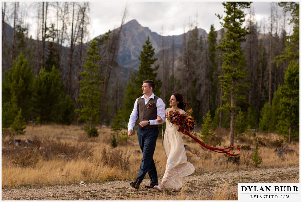 rocky mountain national park grand lake wedding elopement bride and groom with giant mountains in background