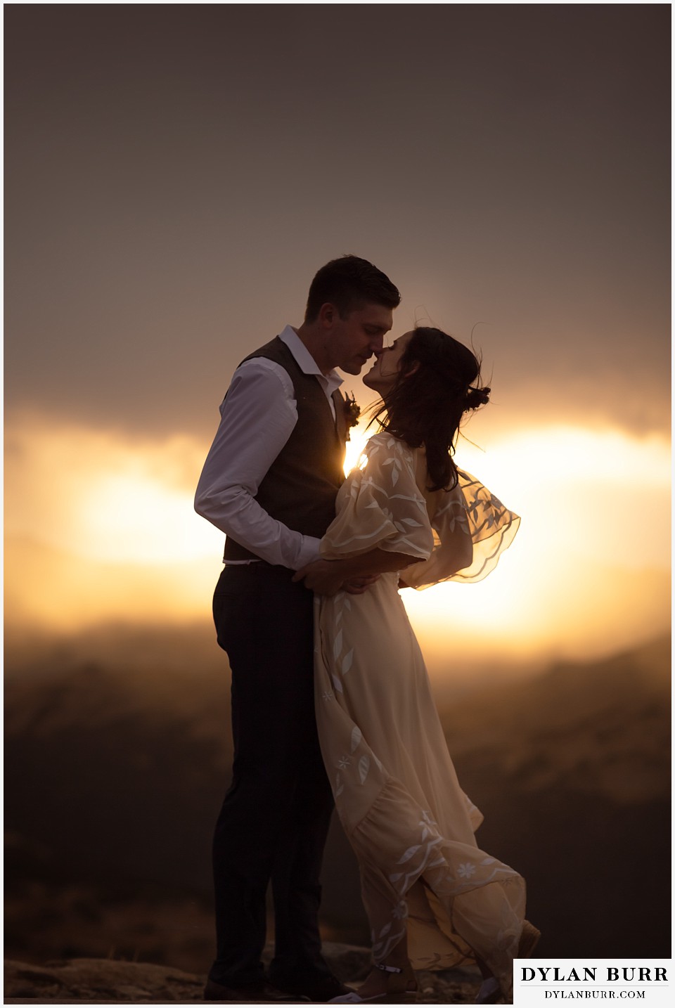 rocky mountain national park grand lake wedding elopement bride and groom super close together at sunset