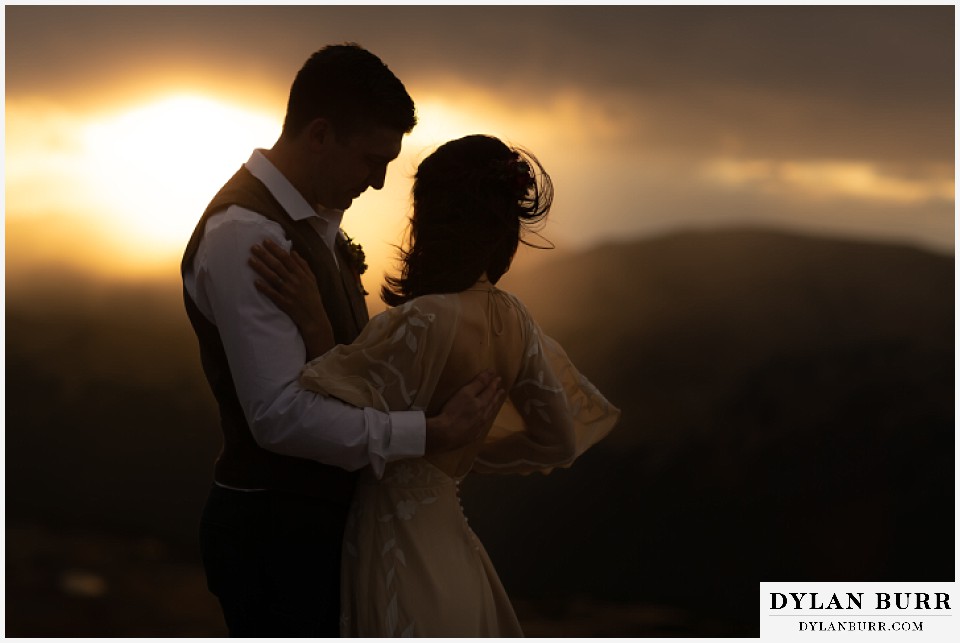 rocky mountain national park grand lake wedding elopement bride and groom at sunset