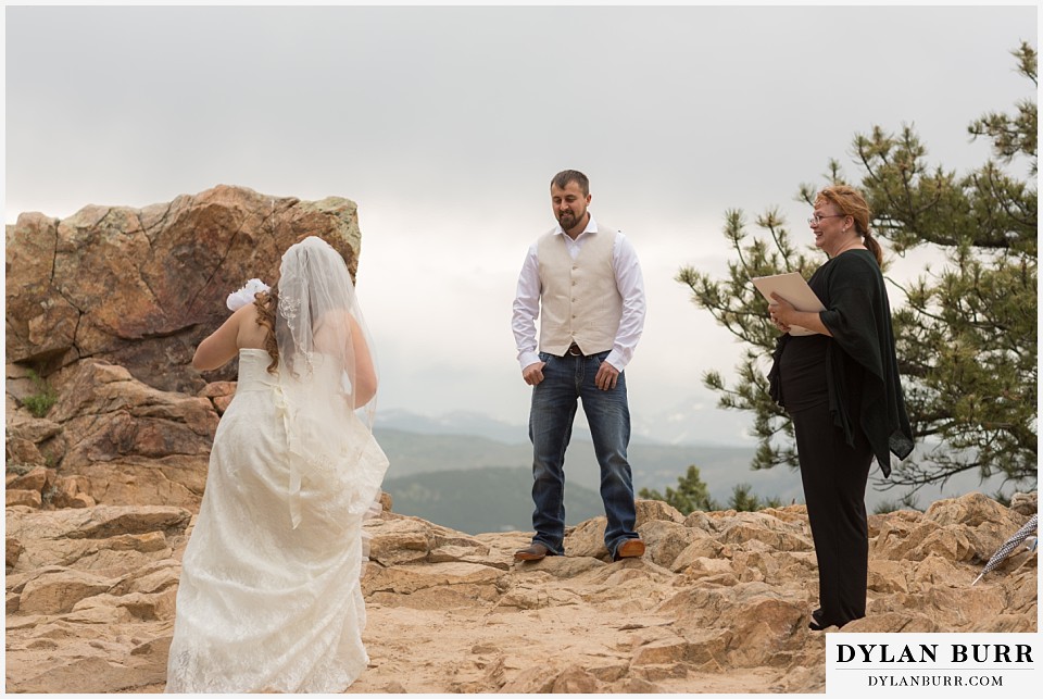 lost gulch overlook elopement wedding boulder co bride walking to groom