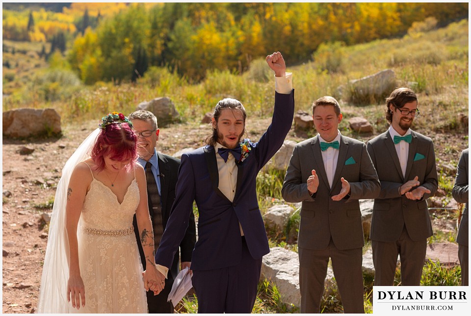 maroon bells wedding aspen colorado mountain wedding groom cheering