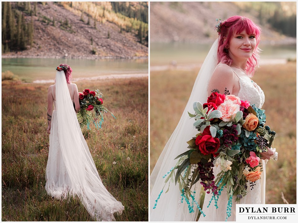maroon bells wedding aspen colorado mountain wedding bride with colorful