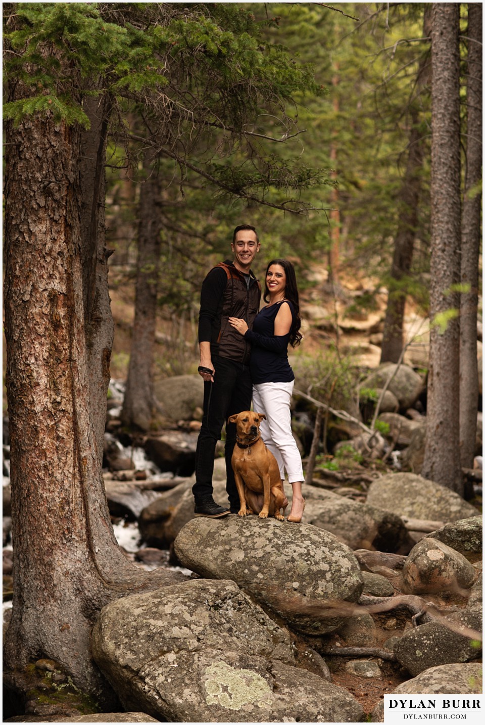 rocky mountain engagement session in colorado with dog at river