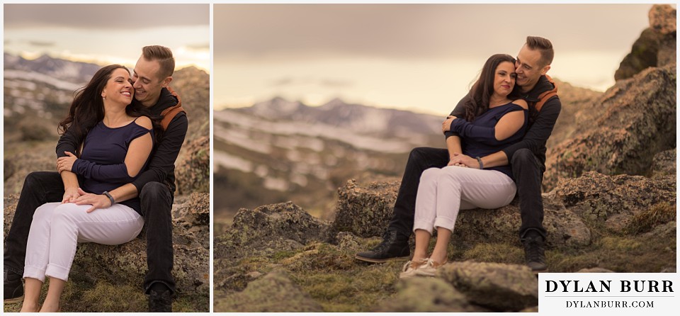 rocky mountain engagement session in colorado sitting on rocks