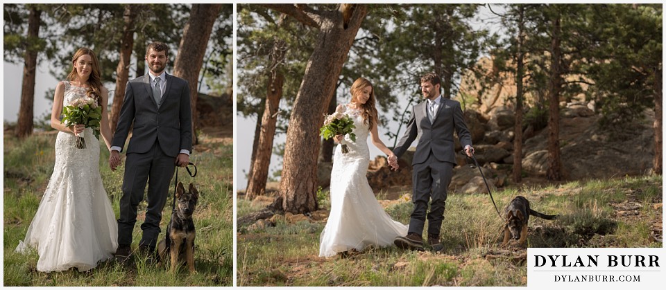 rocky mountain national park elopement wedding rmnp couple walking with german shepard puppy