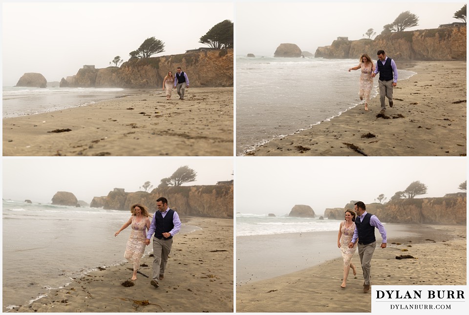 santa cruz california elopement wedding adventure bride and groom running in the sand