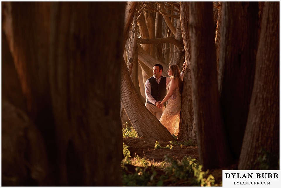 santa cruz california elopement wedding adventure bride and groom looking out of cypress trees