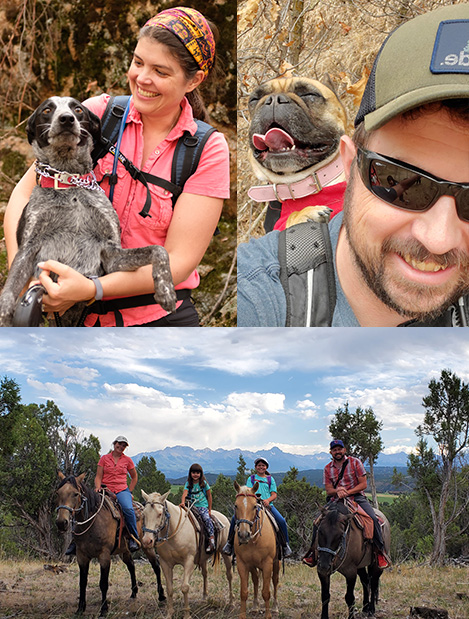 family and dogs riding horseback