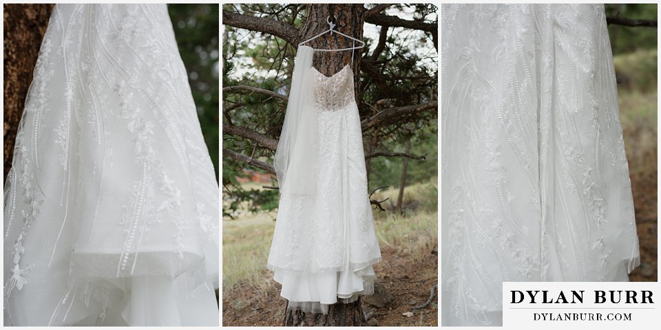all day elopement in Rocky Mountain National Park dress hanging in tree