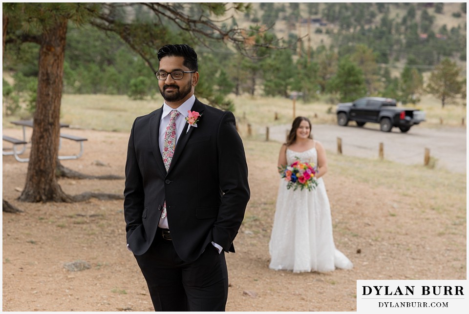 all day elopement in Rocky Mountain National Park first look at Mary's Lake