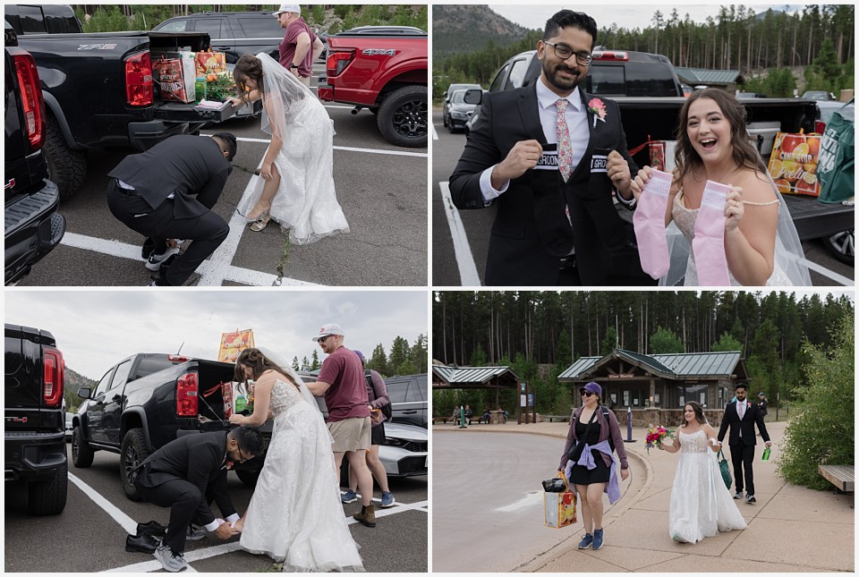 all day elopement in Rocky Mountain National Park getting ready in the parking lot before the hike