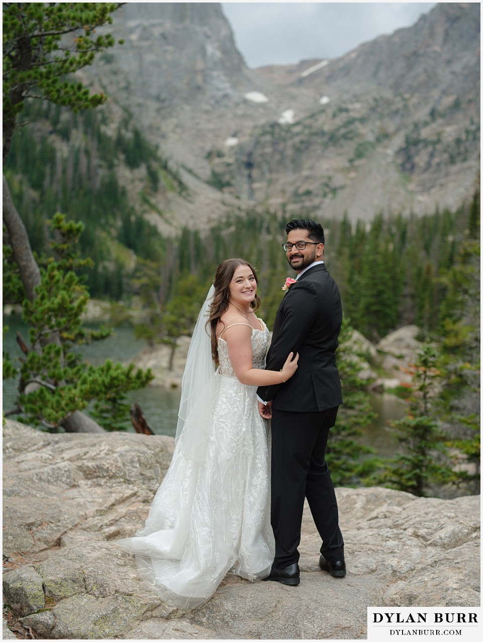 all day elopement in Rocky Mountain National Park bride and groom just married at Dream Lake