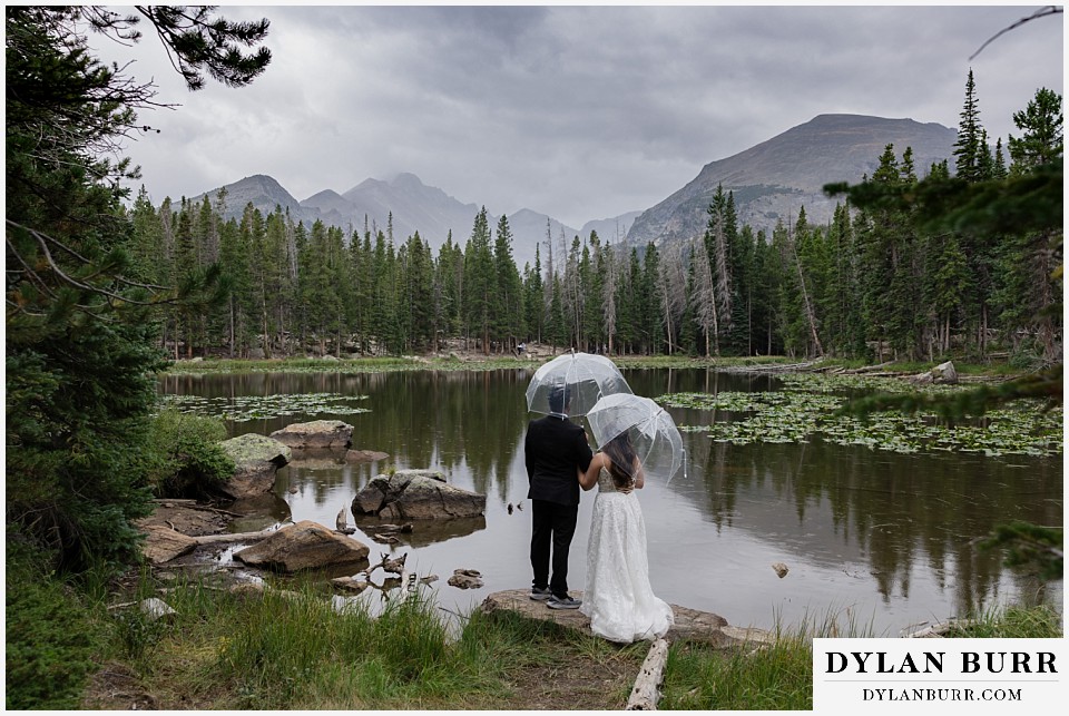 all day elopement in Rocky Mountain National Park couple with rain umbrellas near nymph lake