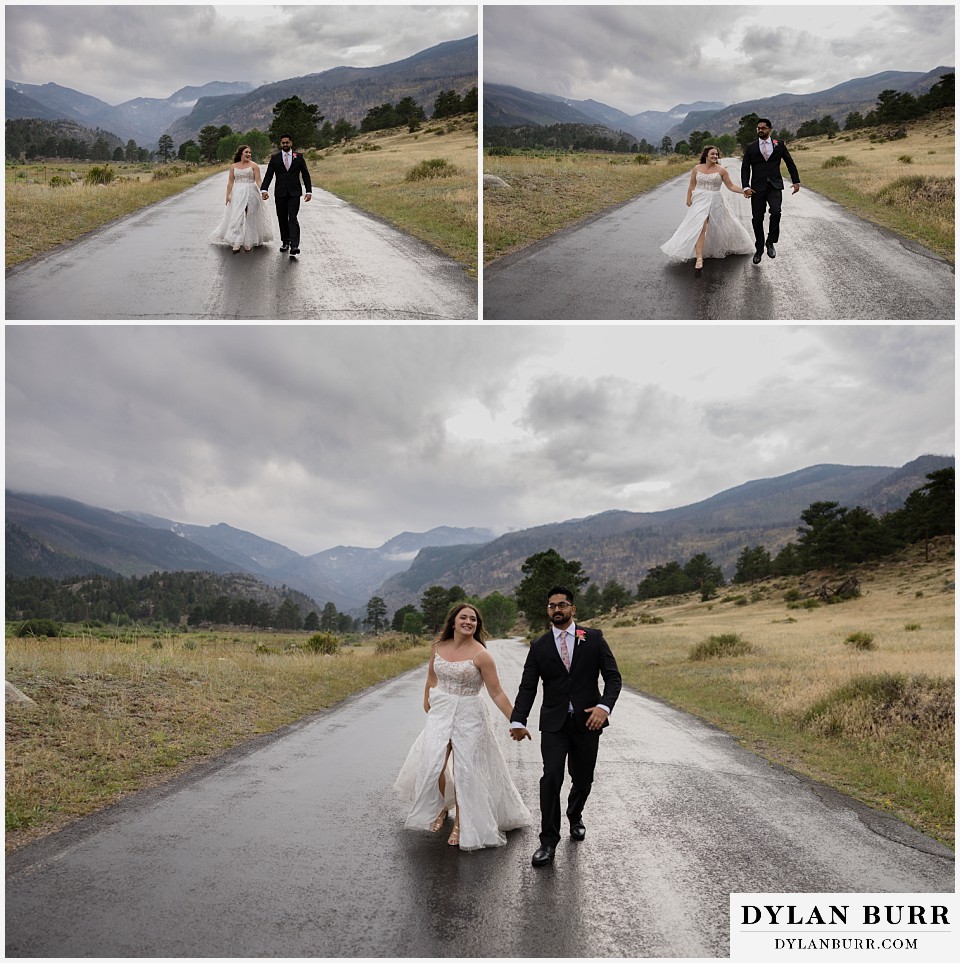 all day elopement in Rocky Mountain National Park skipping in the street