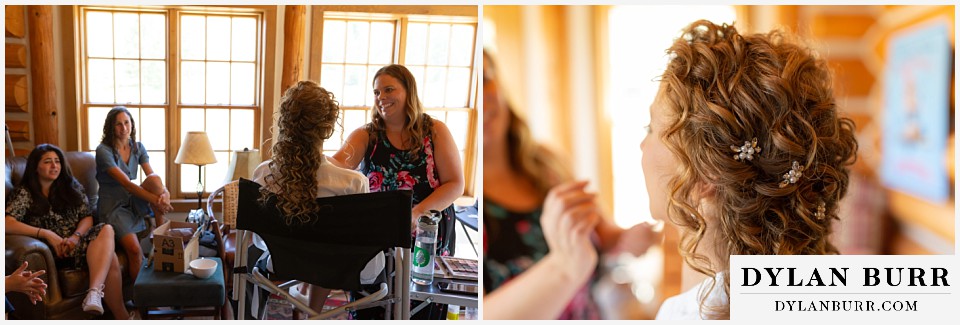 friends of the bride look on while the bride gets ready