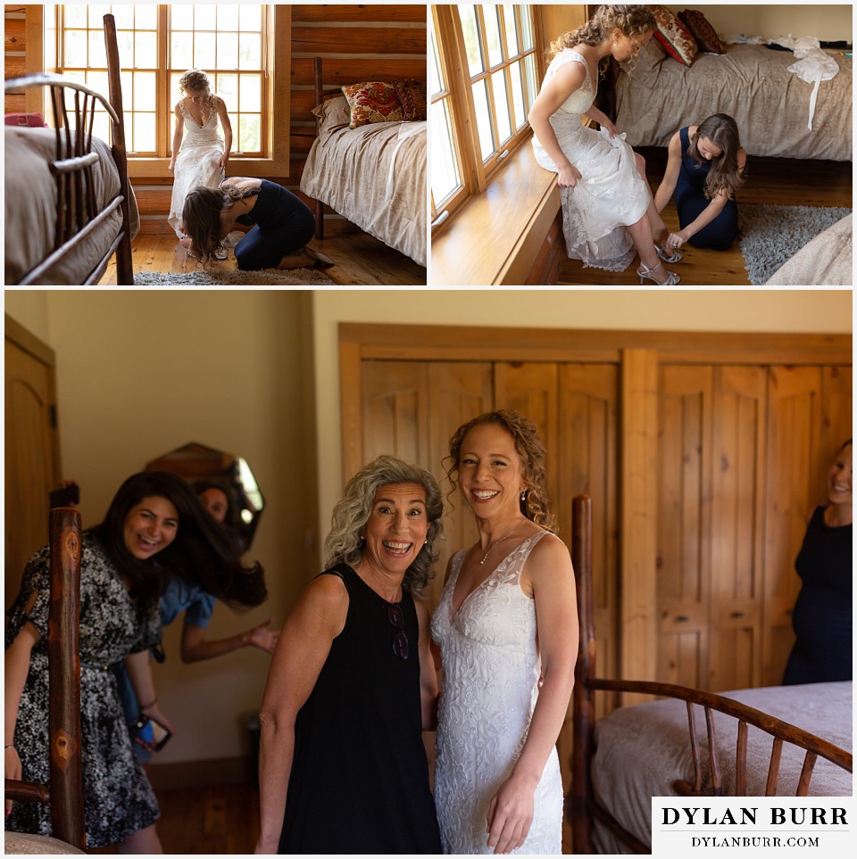 bridesmaids helping put on shoes a candid funny photo with mom