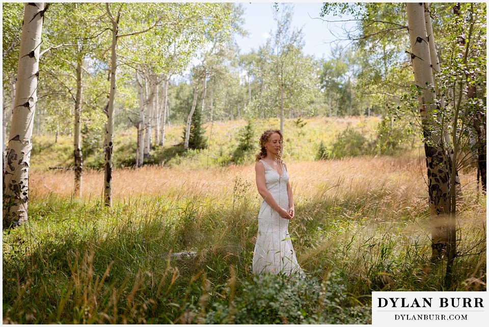 bride waiting for first look outside Antler Basin Ranch