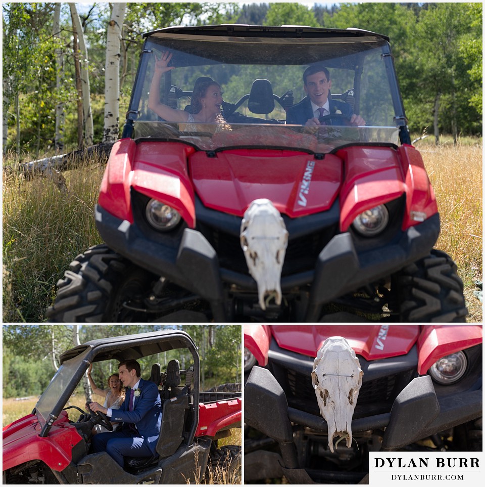 bride and groom riding in razor 4x4 utv at antler basin ranch wedding