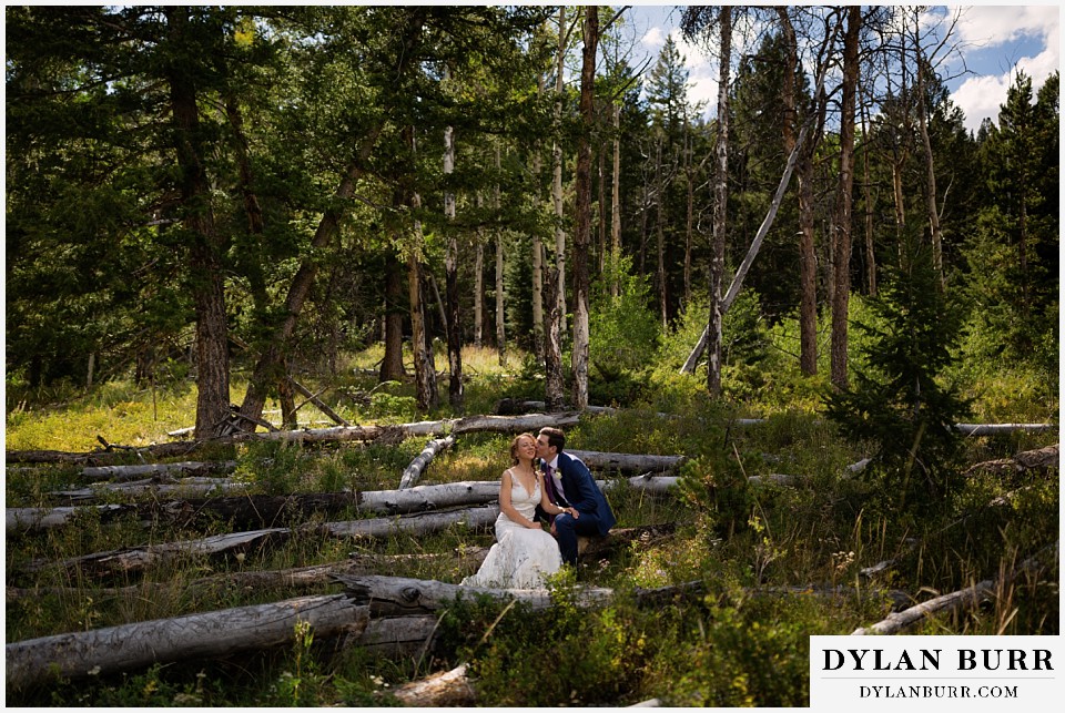 antler basin ranch wedding bride and groom sitting on fallen tree in forest 
