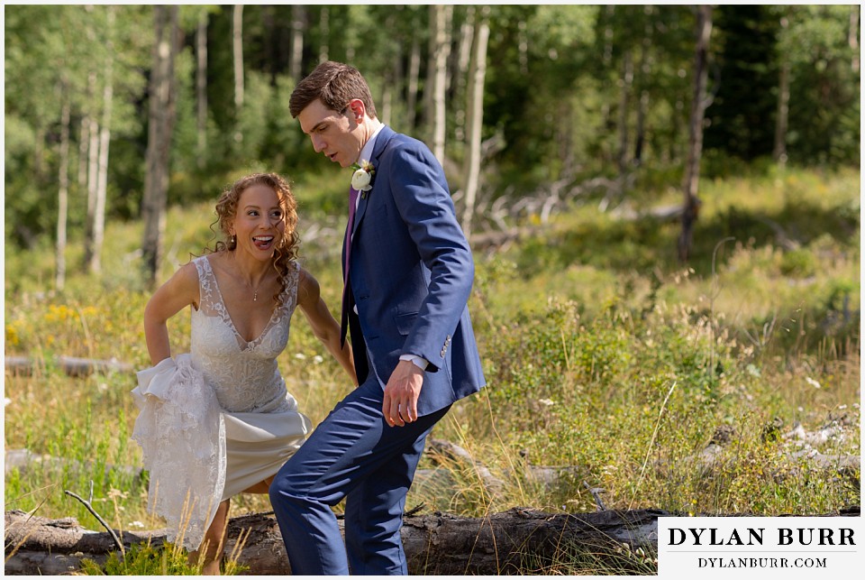 pugnacious bride hiking in mountains at antler basin ranch wedding