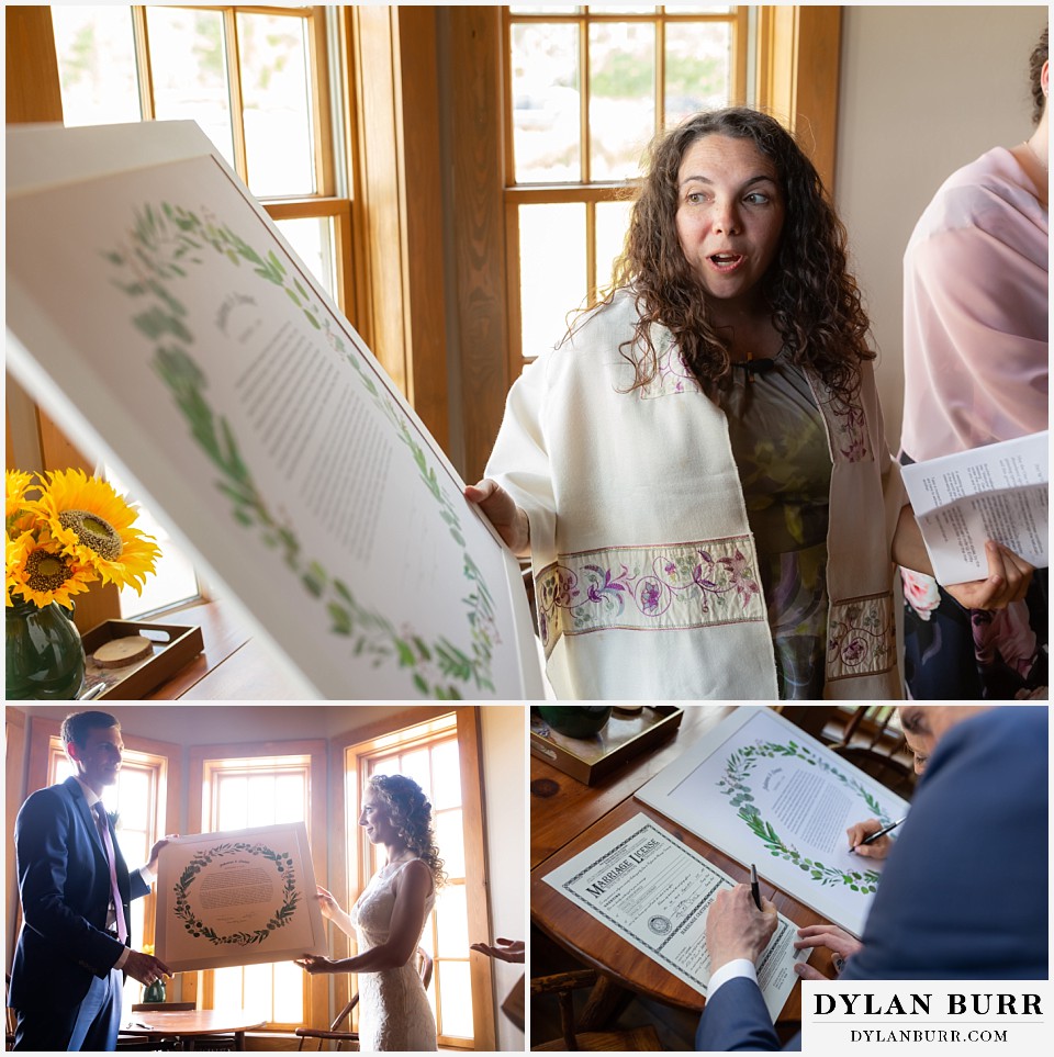 rabbi with ketubah at antler basin ranch wedding couple holds it high