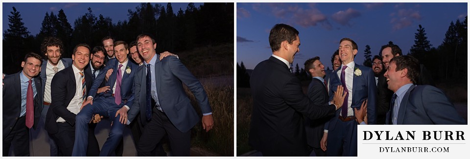 groom and groomsmen college buddies having fun at Antler Basin Ranch wedding