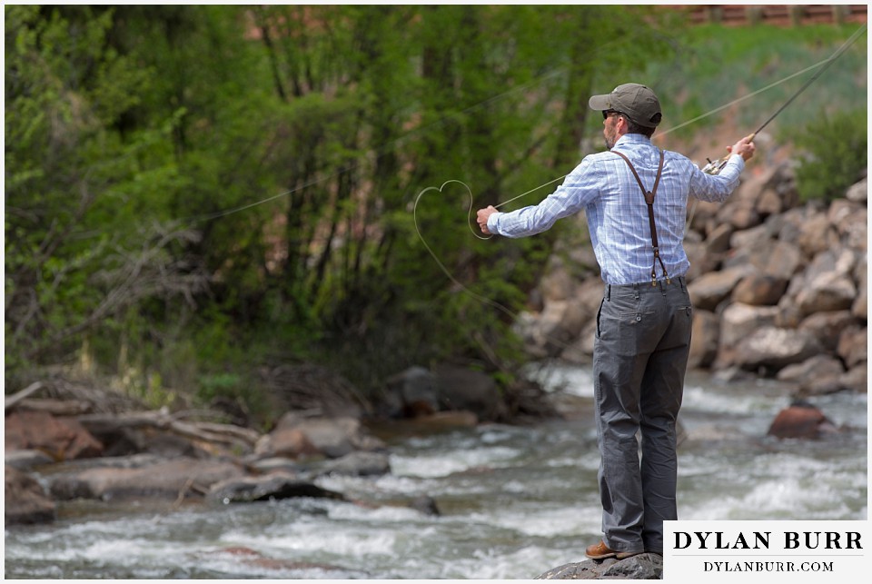 aspen wedding elopement groom fly fishing casting