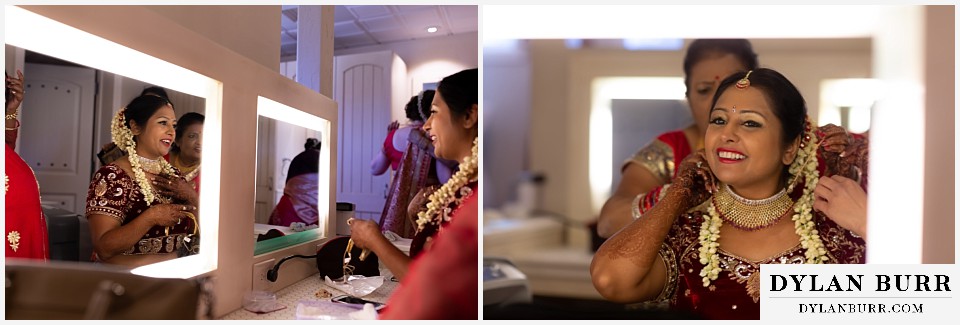 baldoria on the water wedding lakewood colorado hindu wedding indian bride getting ready in mirror