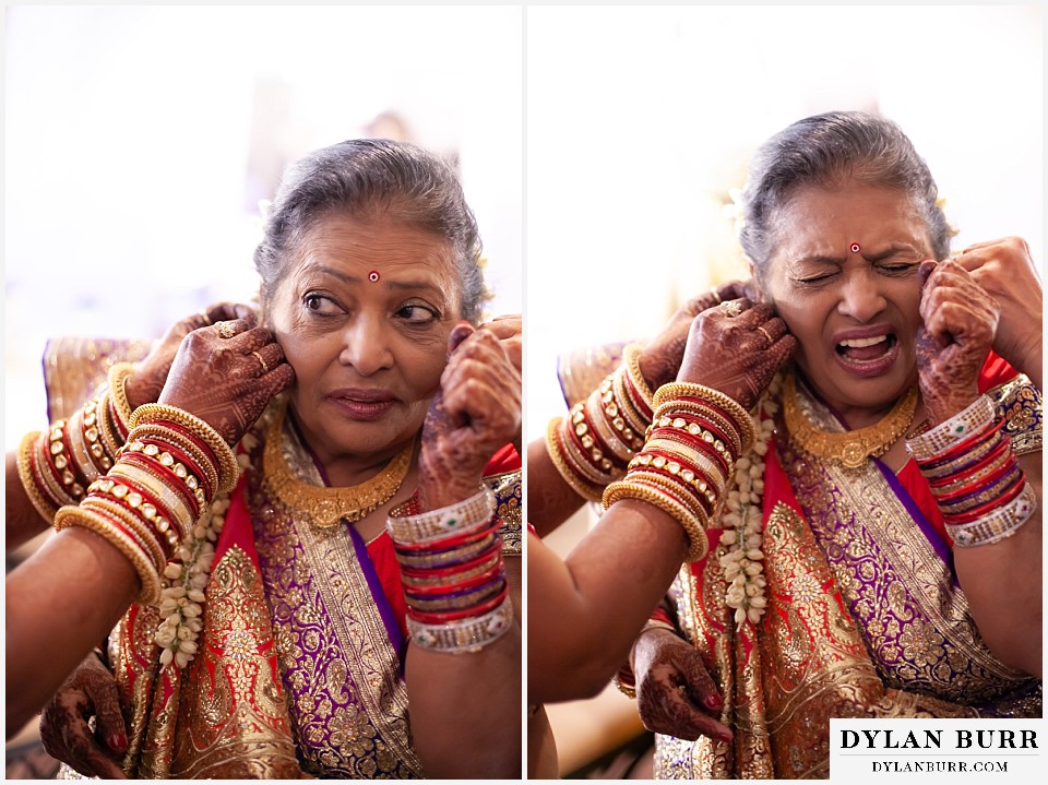 baldoria on the water wedding lakewood colorado hindu wedding brides mother putting on earrings