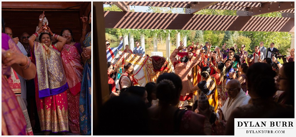 baldoria on the water wedding lakewood colorado hindu wedding groom dismounts horse heading to ceremony