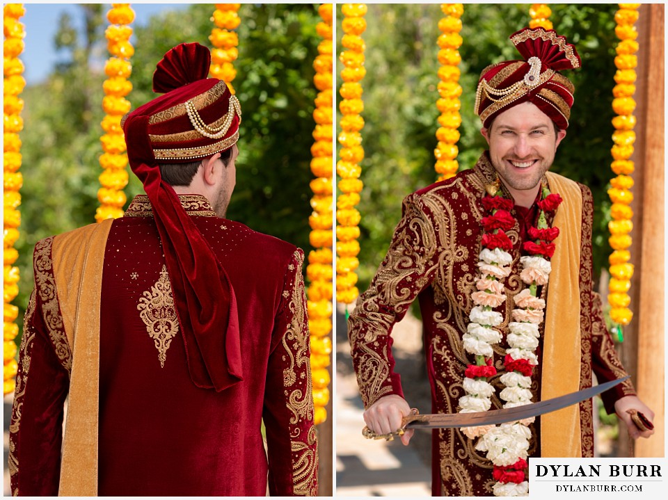 baldoria on the water wedding lakewood colorado hindu wedding groom standing with sword and flowers