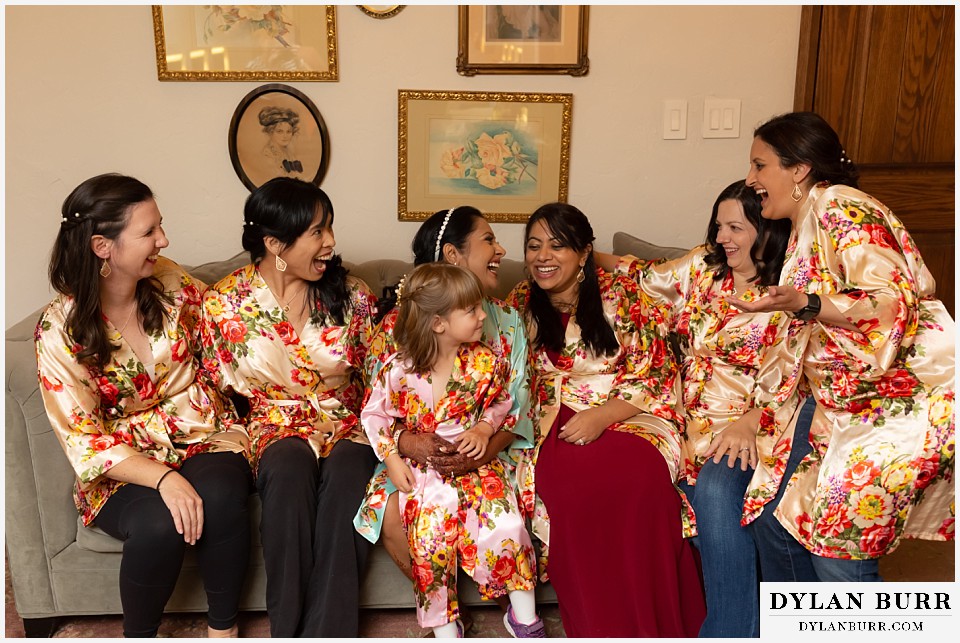 baldoria on the water wedding lakewood colorado hindu wedding bride and bridesmaids in flower robes