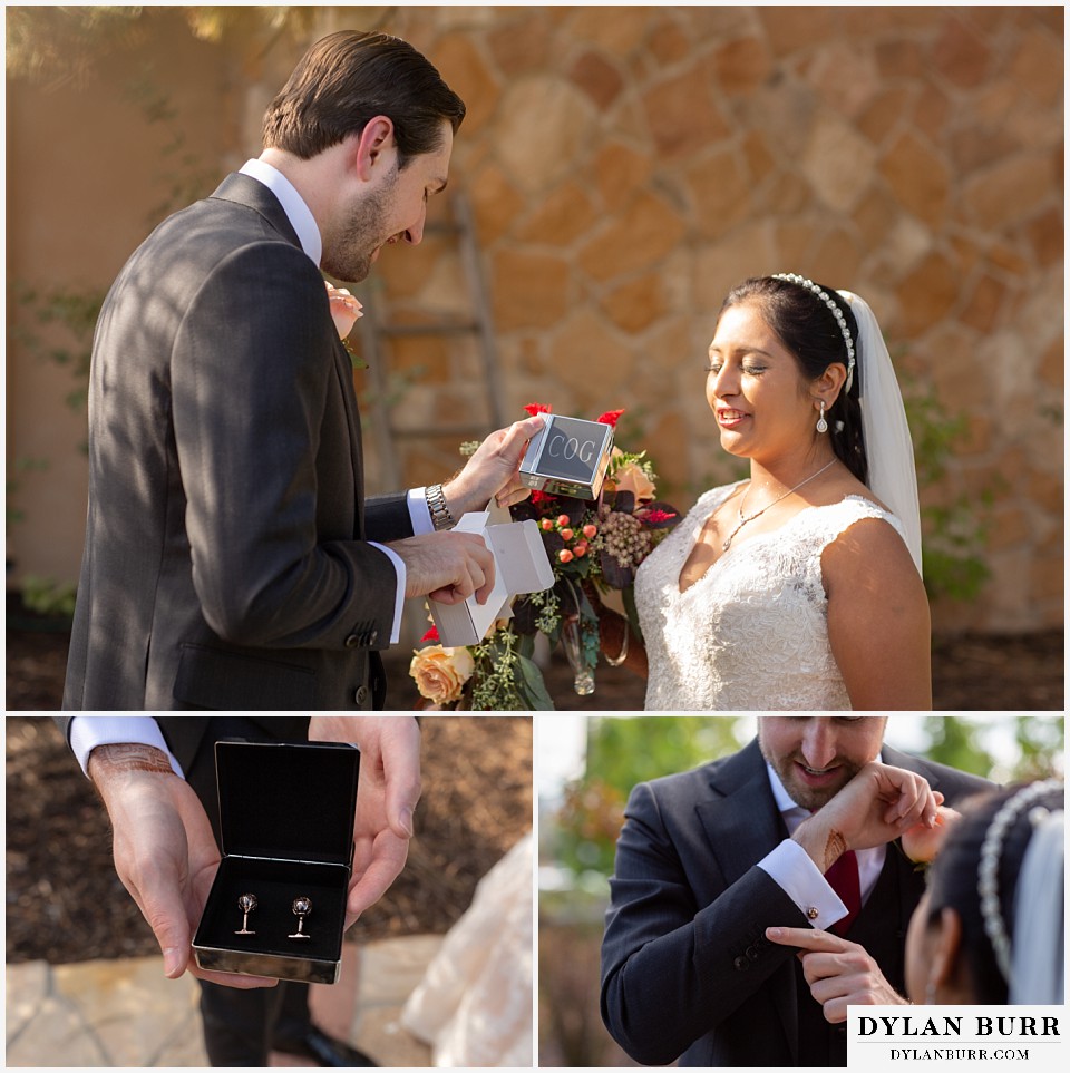 baldoria on the water wedding lakewood colorado hindu wedding brides gift of custom cufflinks