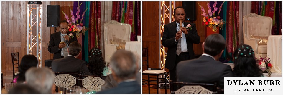 baldoria on the water wedding lakewood colorado hindu wedding brides father playing flute and singing poem