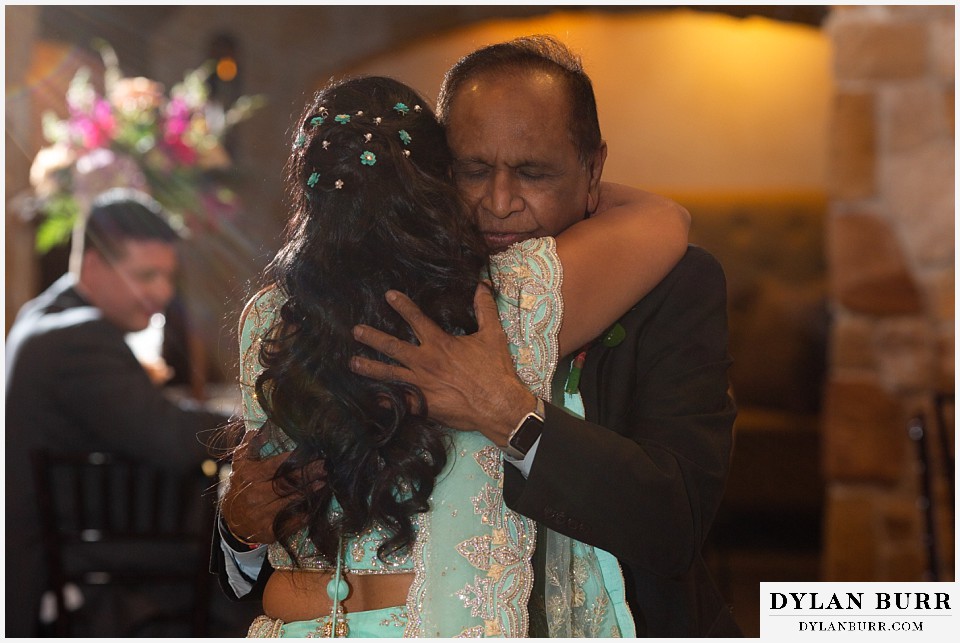 baldoria on the water wedding lakewood colorado hindu wedding bride hugging her father